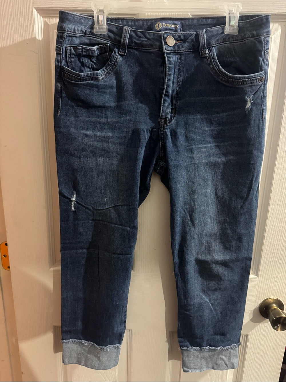 Democracy High Rise Dark Blue Denim Jean Capris - Distressed Cuffed Style